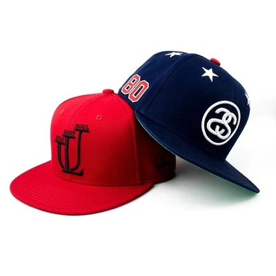 Custom 3d Puff Embroidery Flat Brim Snapback Hats Black Red Blue Color