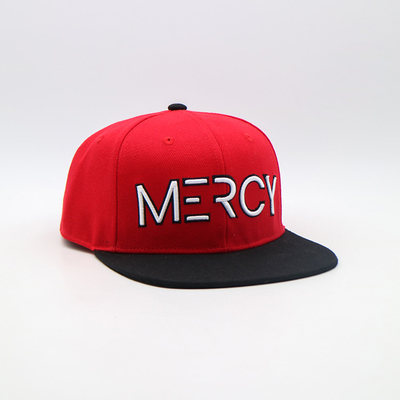 Flat Visor Red Cotton Snapback Cap With Embroidered Logo