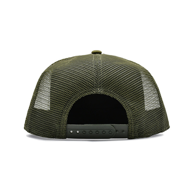 Camo 6 Panel Flat Brim Mesh Cap Custom Logo Army Green Flat Brim Trucker Hat