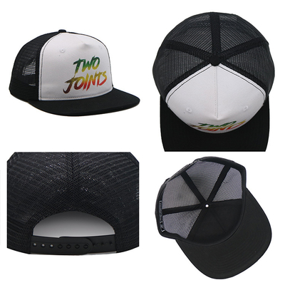 Flat Peak Plastic Buckle 5 Panel Trucker Cap Logo Printing