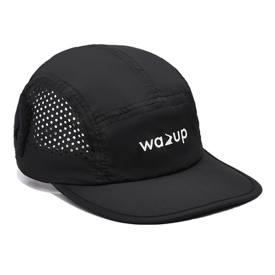 5 Panel Camper Hat with Sports Mesh Sweatband and Flat Brim Shape Laser Cutting Panel