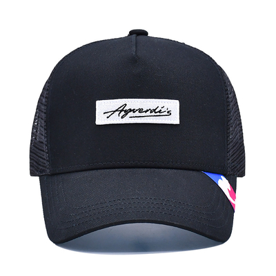 Solid Black Mesh Trucker Hat Custom Curved Brim 5 Panel Trucker Cap