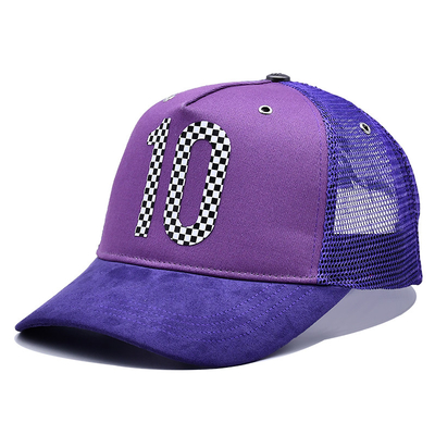 Customization 5 Panel Trucker Cap Visor Curved Eyelets Purple Mesh Hat Color Logo Customize