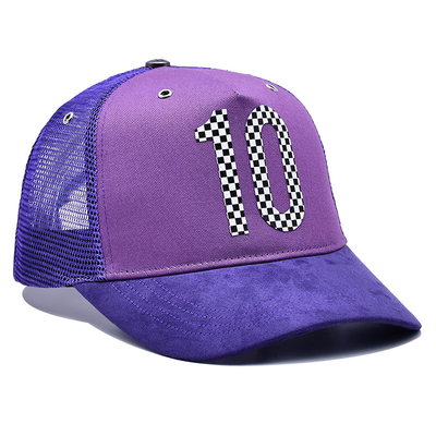 Customization 5 Panel Trucker Cap Visor Curved Eyelets Purple Mesh Hat Color Logo Customize