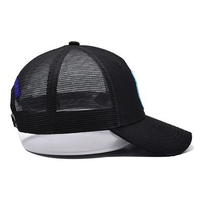 3D Embroidery Distressed Cotton Twill Trucker Hat Black Mesh Trucker Cap Pre curved Visor