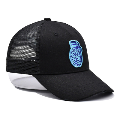 3D Embroidery Distressed Cotton Twill Trucker Hat Black Mesh Trucker Cap Pre curved Visor