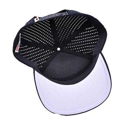 Black 6 Panel Trucker Snapback Hat Structured Construction Custom Rubber Patch Logo Back 4 Panel Laser Holes