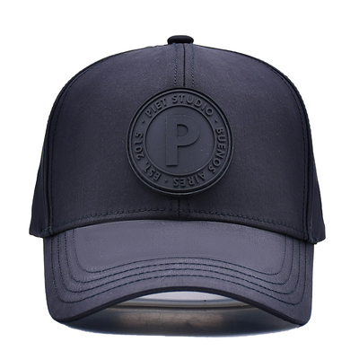 Curve Peak Five Panel Baseball Cap With Structured Rubber Patch Metal Eyelets Matching With Fabric