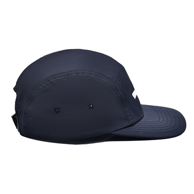 Flat Brim 5 Panel Camper Hat Featuring Sports Mesh Sweatband And Woven Band Closure