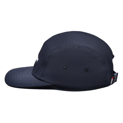 Flat Brim 5 Panel Camper Hat Featuring Sports Mesh Sweatband And Woven Band Closure