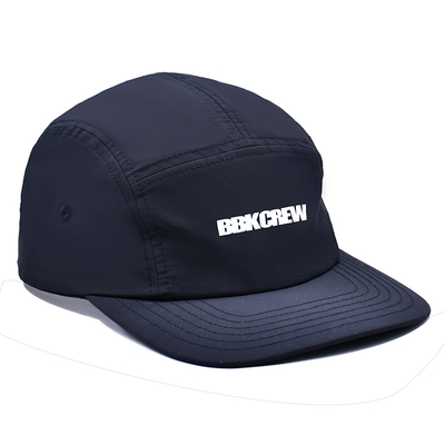 Flat Brim 5 Panel Camper Hat Featuring Sports Mesh Sweatband And Woven Band Closure