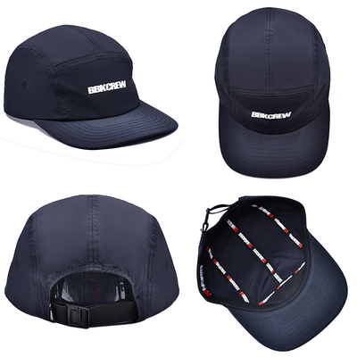 Flat Brim 5 Panel Camper Hat Featuring Sports Mesh Sweatband And Woven Band Closure