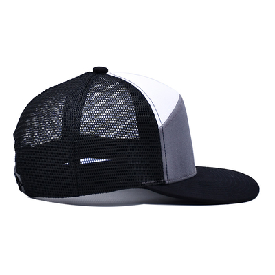 7 Panel Flat Bill Rubber Patch Logo Polyester Mesh Snapback Cap Mixed Color Structured