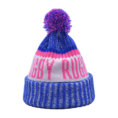 100% Acrylic Pom Knitted Fashion Beanie Hat Custom OEM Jacquard Logo