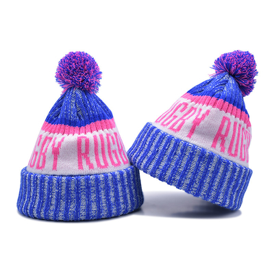 100% Acrylic Pom Knitted Fashion Beanie Hat Custom OEM Jacquard Logo