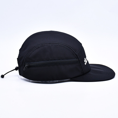 Hight Quality Unstructured 5 Panel Camper Hat Custom Black Printing Nylon Running Cap With Decorative Pockets