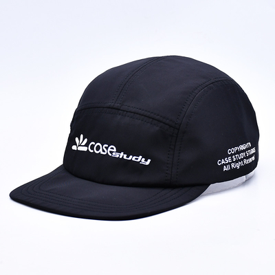 Hight Quality Unstructured 5 Panel Camper Hat Custom Black Printing Nylon Running Cap With Decorative Pockets
