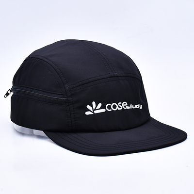 Hight Quality Unstructured 5 Panel Camper Hat Custom Black Printing Nylon Running Cap With Decorative Pockets