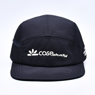 Hight Quality Unstructured 5 Panel Camper Hat Custom Black Printing Nylon Running Cap With Decorative Pockets