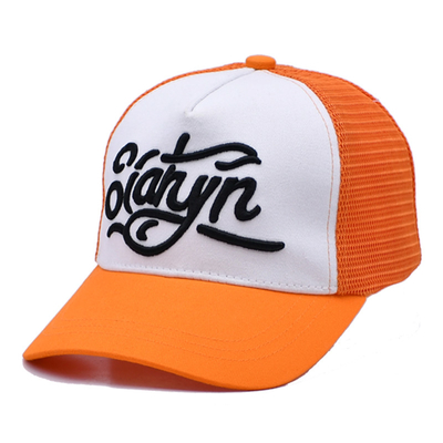 Unisex 5 Panel Trucker Cap Custom 3d Embroidered Curved Brim Satin Lined Orange Mesh Back Hats
