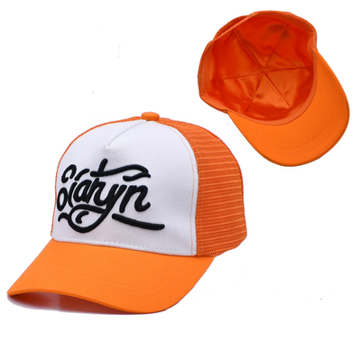 Unisex 5 Panel Trucker Cap Custom 3d Embroidered Curved Brim Satin Lined Orange Mesh Back Hats