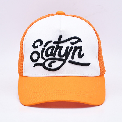 Unisex 5 Panel Trucker Cap Custom 3d Embroidered Curved Brim Satin Lined Orange Mesh Back Hats