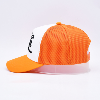 Unisex 5 Panel Trucker Cap Custom 3d Embroidered Curved Brim Satin Lined Orange Mesh Back Hats