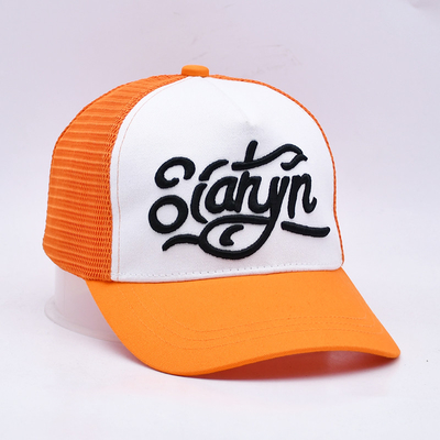 Unisex 5 Panel Trucker Cap Custom 3d Embroidered Curved Brim Satin Lined Orange Mesh Back Hats