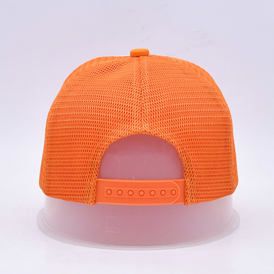 Unisex 5 Panel Trucker Cap Custom 3d Embroidered Curved Brim Satin Lined Orange Mesh Back Hats