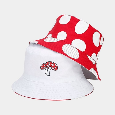 2025 Cotton Cartoon Mushroom Print Bucket Hat Fisherman Hat Outdoor Travel Sun Cap for Men and Women