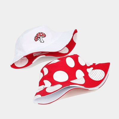 2025 Cotton Cartoon Mushroom Print Bucket Hat Fisherman Hat Outdoor Travel Sun Cap for Men and Women