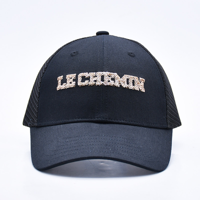 Black 6 Panel Mesh Trucker Hat Glitter Trucker Cap High Quality Fashion Sequins Embroidery Trucker Hats