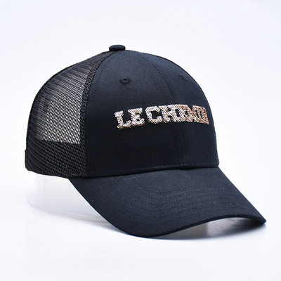 Black 6 Panel Mesh Trucker Hat Glitter Trucker Cap High Quality Fashion Sequins Embroidery Trucker Hats