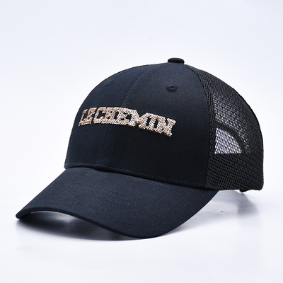 Black 6 Panel Mesh Trucker Hat Glitter Trucker Cap High Quality Fashion Sequins Embroidery Trucker Hats