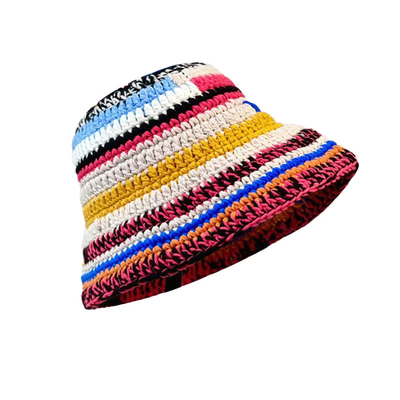 Custom Crochet Hat Autumn Winter Colored Handmade Striped Knitted Versatile Crochet Bucket Hats Thick Women Fisherman Cap