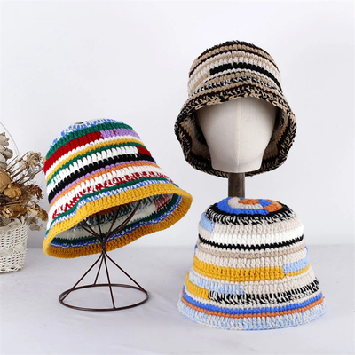 Custom Crochet Hat Autumn Winter Colored Handmade Striped Knitted Versatile Crochet Bucket Hats Thick Women Fisherman Cap