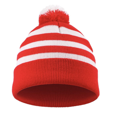 Halloween Beanie Red and White Striped Hat Knitted Pom Pom Cuff Cap for Women Men Christmas Party Accessories