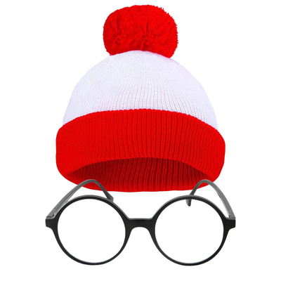 Halloween Beanie Red and White Striped Hat Knitted Pom Pom Cuff Cap for Women Men Christmas Party Accessories