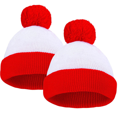 Halloween Beanie Red and White Striped Hat Knitted Pom Pom Cuff Cap for Women Men Christmas Party Accessories