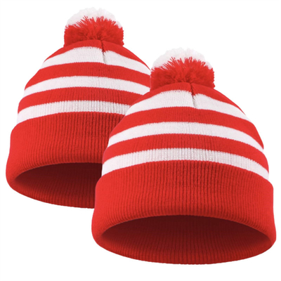 Halloween Beanie Red and White Striped Hat Knitted Pom Pom Cuff Cap for Women Men Christmas Party Accessories