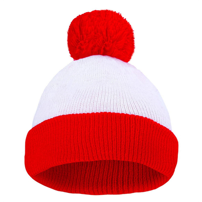 Halloween Beanie Red and White Striped Hat Knitted Pom Pom Cuff Cap for Women Men Christmas Party Accessories