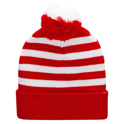 Halloween Beanie Red and White Striped Hat Knitted Pom Pom Cuff Cap for Women Men Christmas Party Accessories