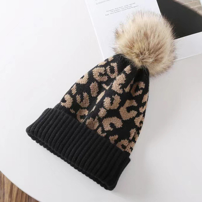 High Quality Pom Pom Winter Leopard Print Beanie Wholesale Soft Warm Knitted Beanie Hats