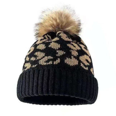 High Quality Pom Pom Winter Leopard Print Beanie Wholesale Soft Warm Knitted Beanie Hats