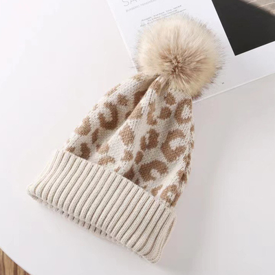 High Quality Pom Pom Winter Leopard Print Beanie Wholesale Soft Warm Knitted Beanie Hats
