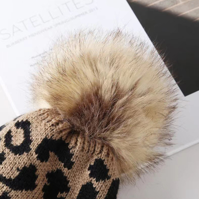 High Quality Pom Pom Winter Leopard Print Beanie Wholesale Soft Warm Knitted Beanie Hats
