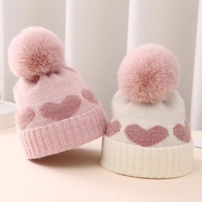 2024 New Autumn Winter Baby Knitted Hats Girls Acrylic Bilayer Warm Toddler Beanie Cute Heart Newborn Hat