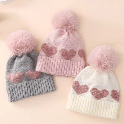 2024 New Autumn Winter Baby Knitted Hats Girls Acrylic Bilayer Warm Toddler Beanie Cute Heart Newborn Hat