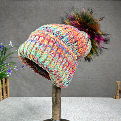 Women New Wool Rabbit Fur Fur Pompom Hat Oil Painting Style Outdoor Warm Skullies Beanie Winter Cap