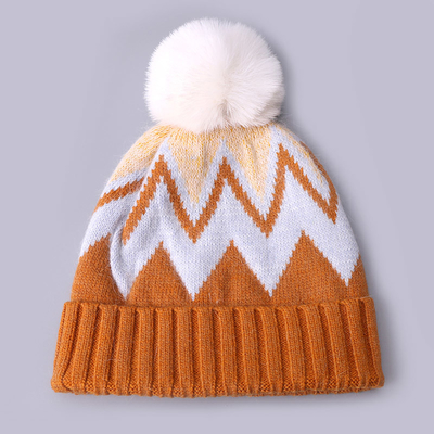 Custom Embroidered Beanies Winter Knitted Stripe Patterned Warm Soft Pompom Puff Print Beanie Manufacturer
